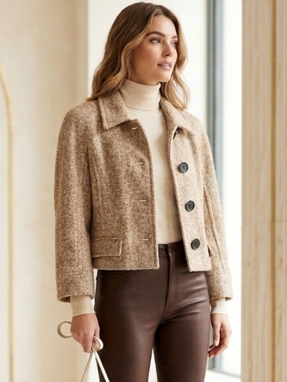 ZOZO☮VINTAGE Y2K WOOL BLEND Tan Tweed Button-Up Cropped Jacket Sz 12